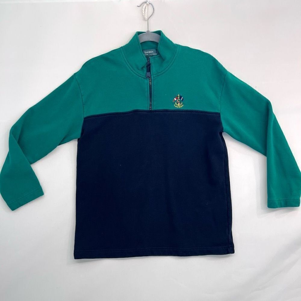 Lauren Ralph Lauren Women's Green And Blue Color Block Quarter Zip Sweater Small